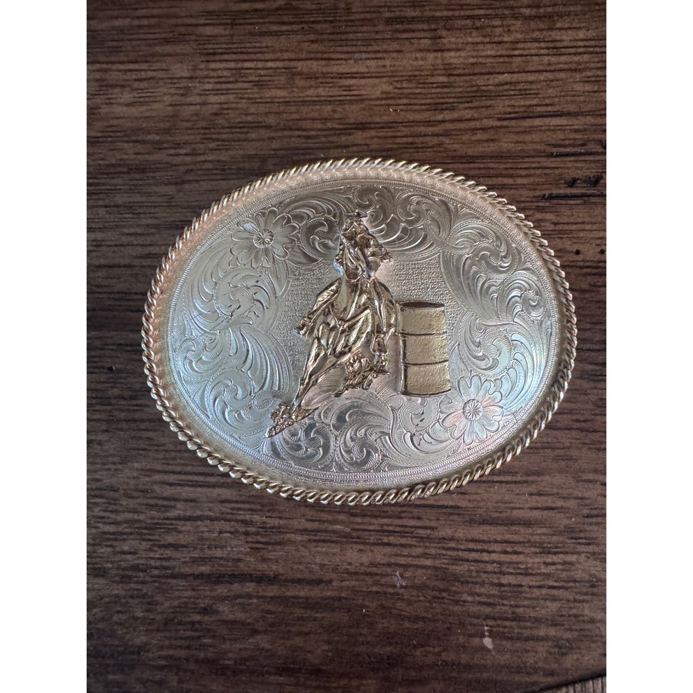 Montana Silversmiths Barrel Racing Belt Buckle Silver Gold Tone 72438A14